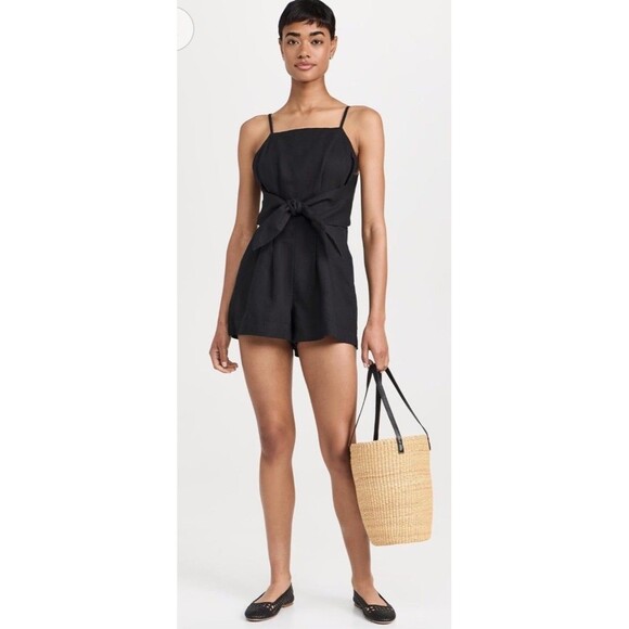 NWT MADEWELL Romper Women 4 Tie-Waist Linen Blend Black - Picture 1 of 7